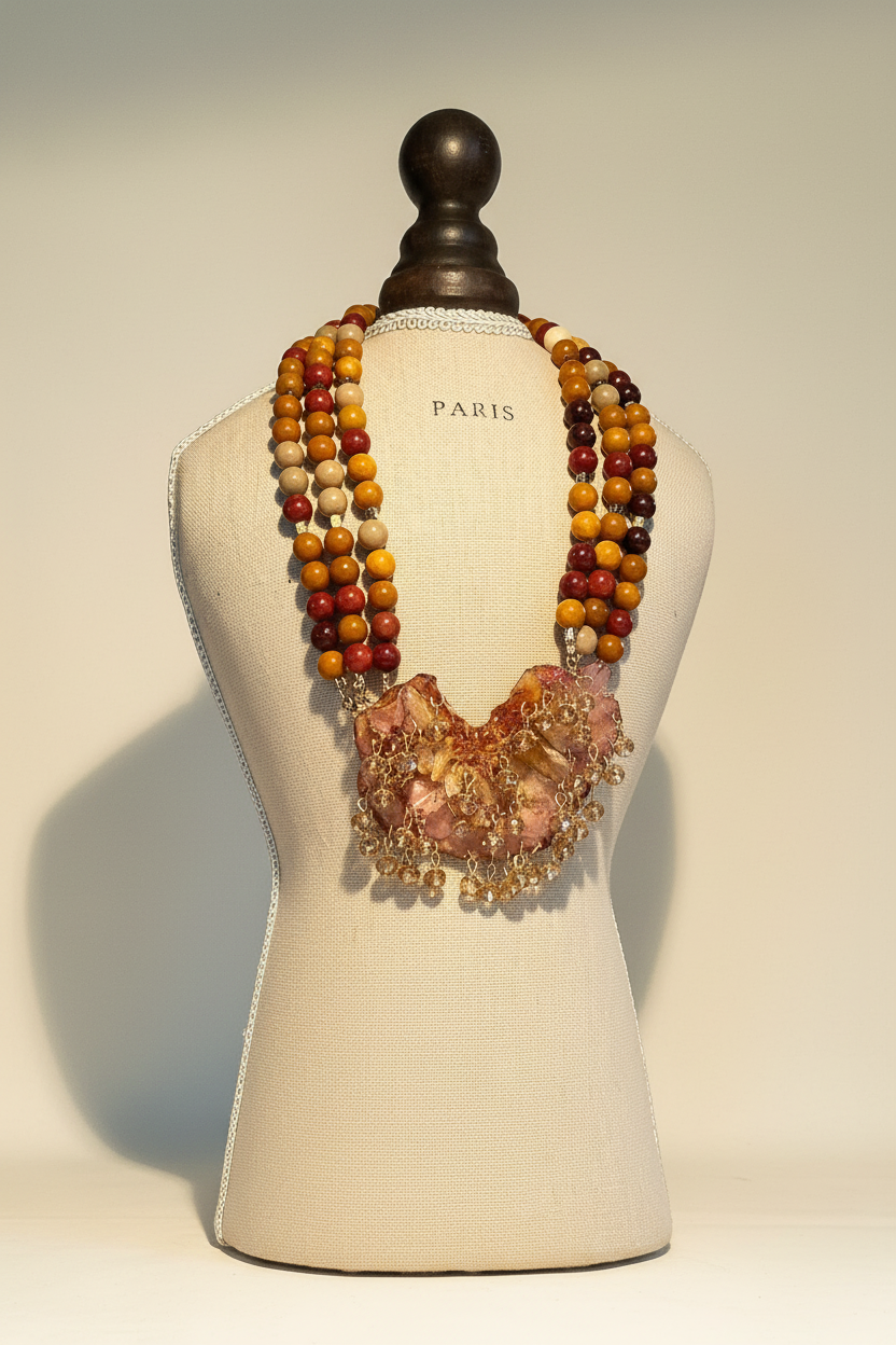 Collar mookaite flor central — editorial fondo crema