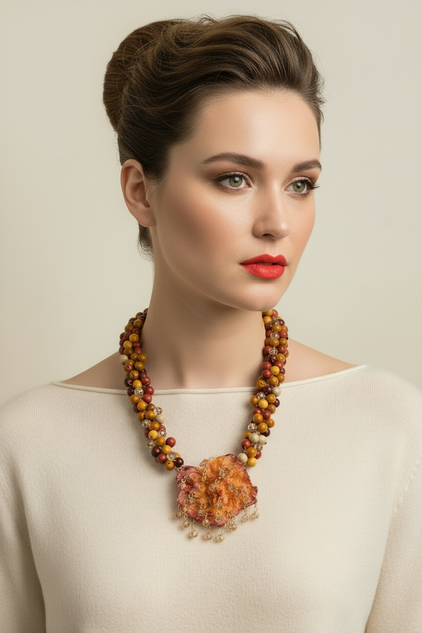 Collar mookaite — labios naranja coral