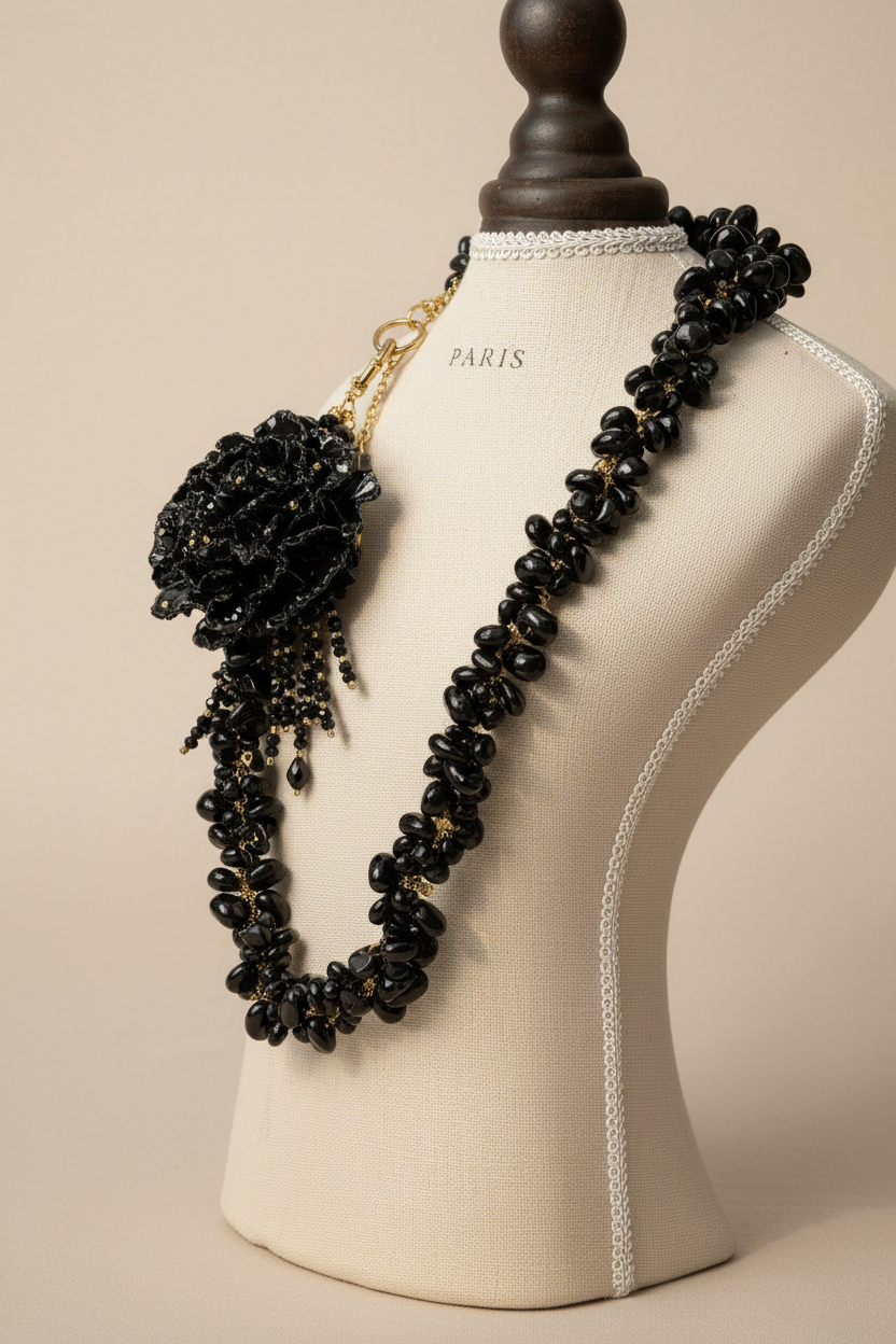 Collar onyx negro chips flor editorial fondo crema
