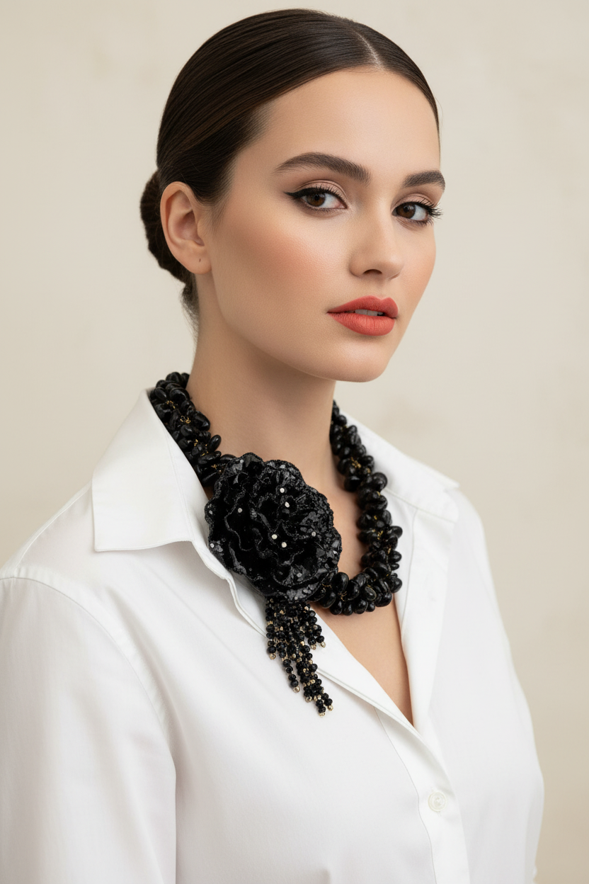 Collar onyx negro — modelo editorial