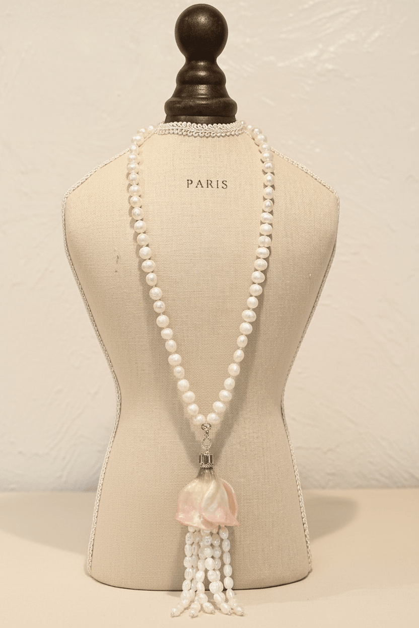 Collar perlas barrocas editorial fondo crema
