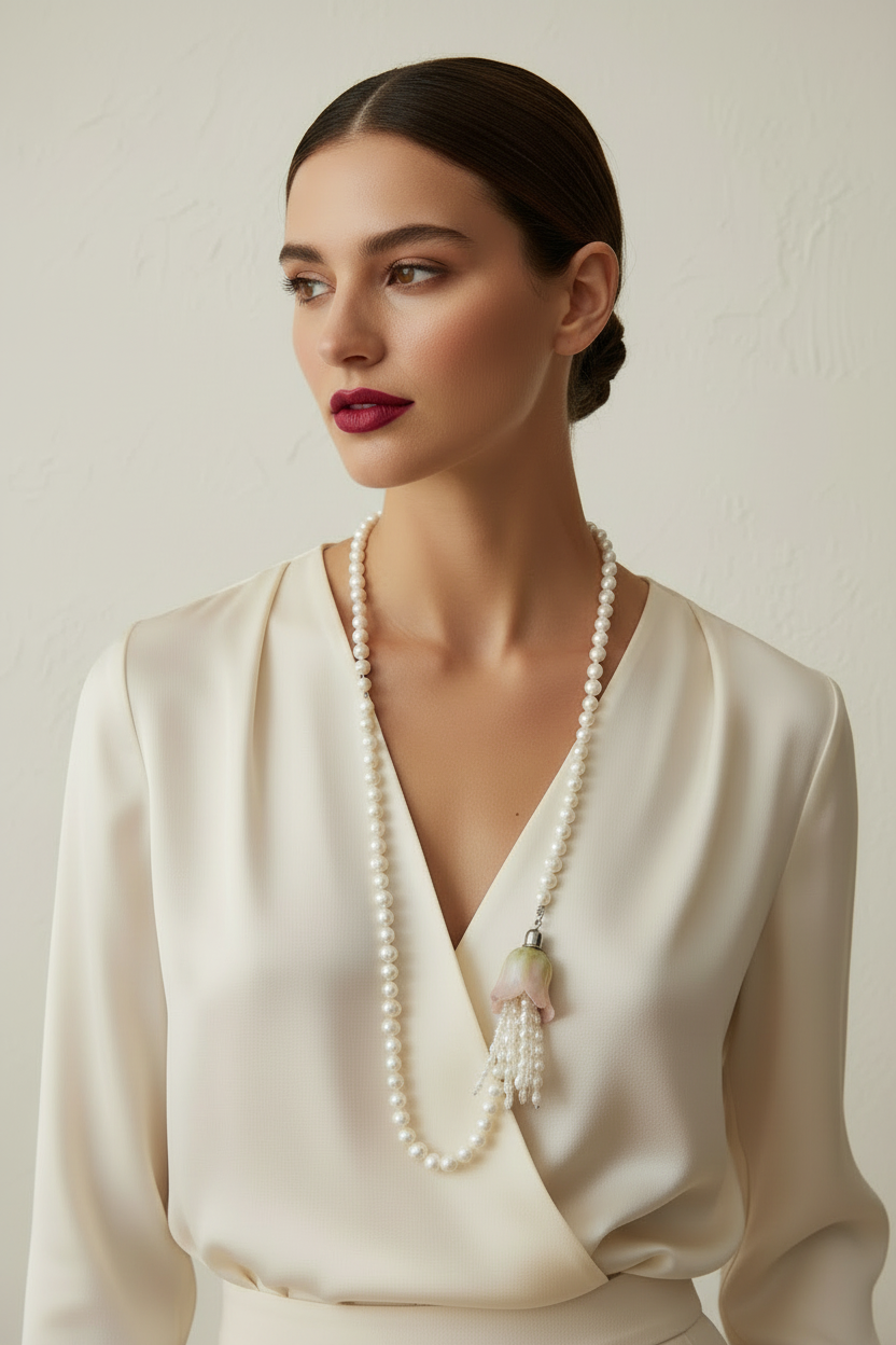 Collar perlas modelo labios rosados