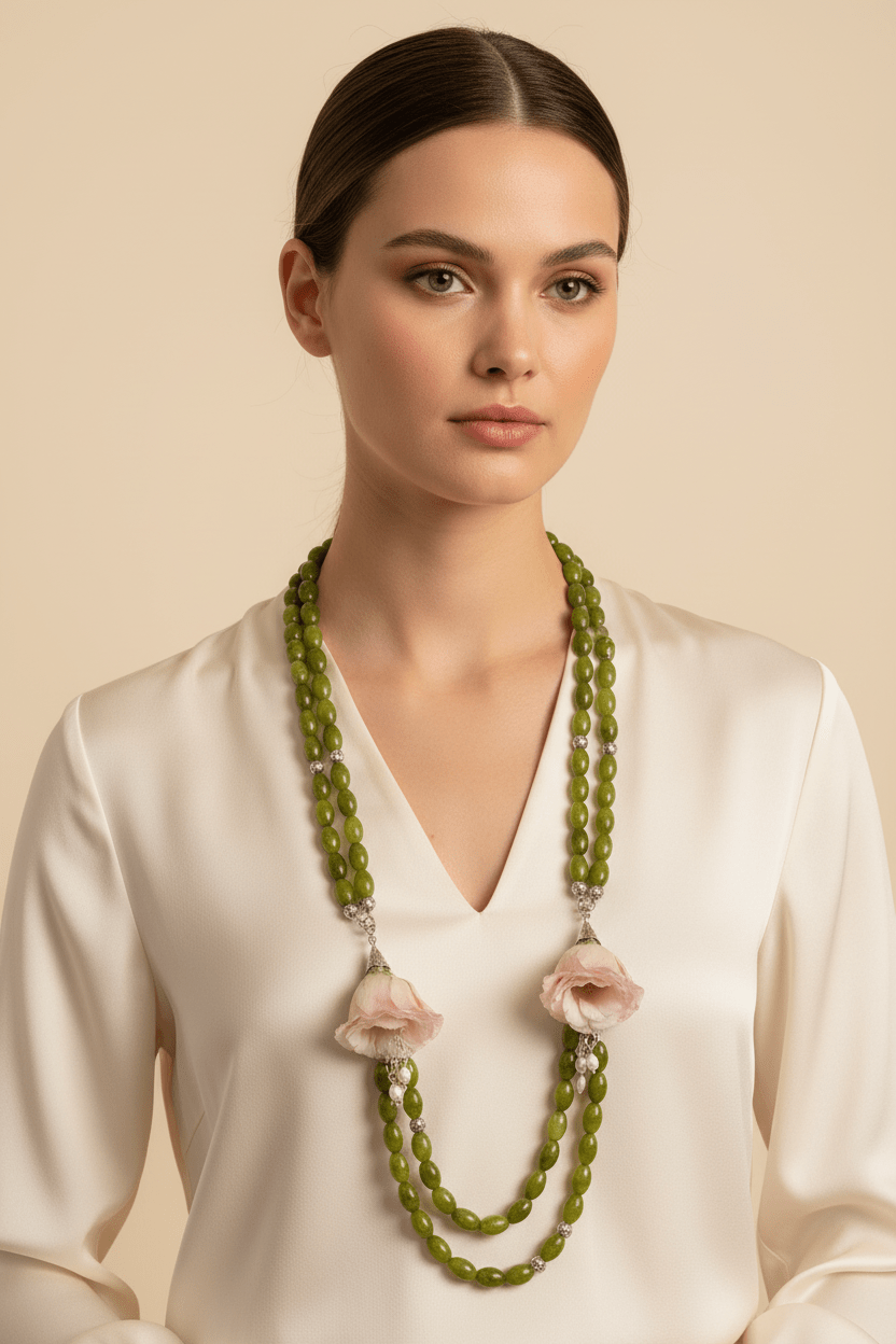 Lisianthus Jade Sautoir — editorial con modelo