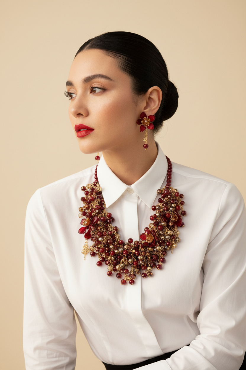 Modelo Collar Borgoña Dorado Camisa Blanca