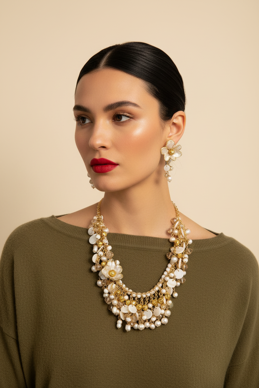 Modelo Collar Nácar Bib Compacto Sin Cadenas Largas