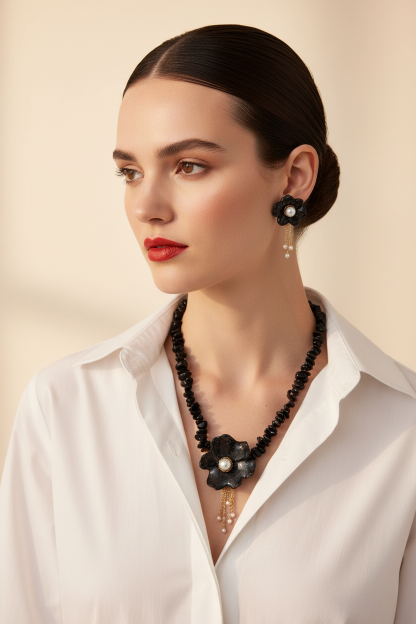 Modelo Collar Negro Perla Camisa Blanca Editorial