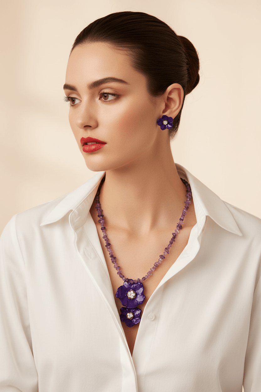 Modelo Collar Violeta Camisa Blanca Editorial