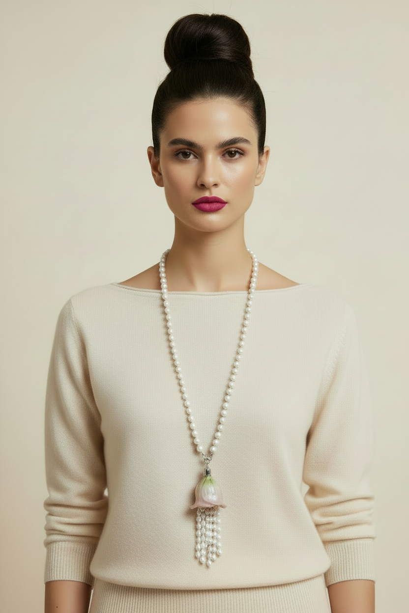 Modelo labios rosados definidos collar perlas