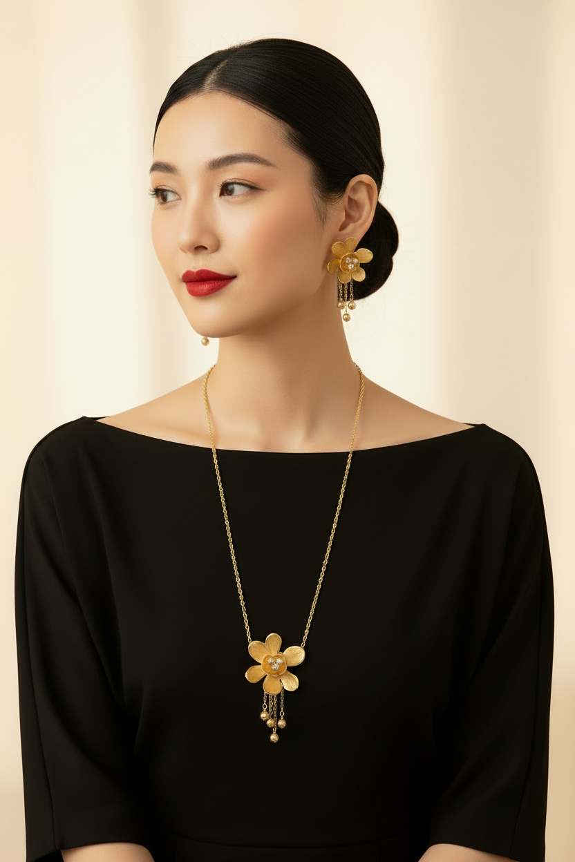 Modelo Piel Clara Collar Flor Dorada